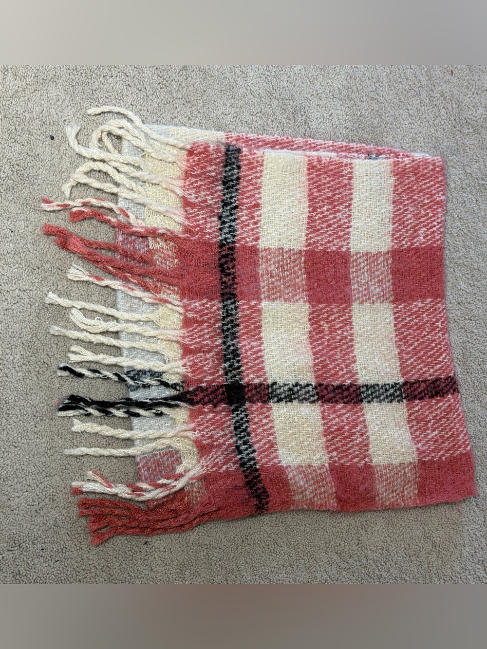 Red Cream Plaid Blanket Scarf With Fringe Oversized 86x19